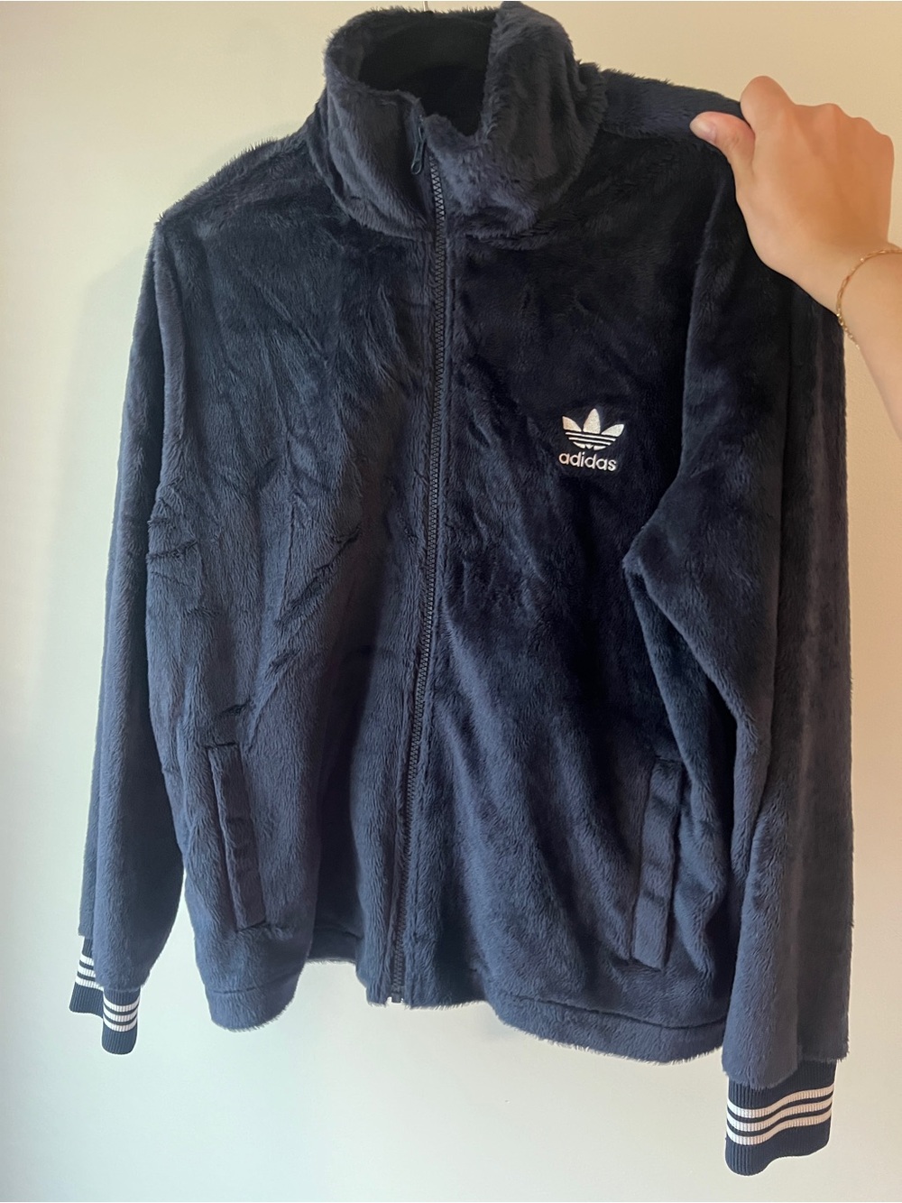 Adidas Navy Plush Zip Up Jacket with White Logo